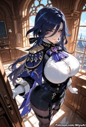 1girl ai_assisted ai_generated bangs black_legwear blush breasts clorinde_(genshin_impact) closed_mouth curvaceous curvy curvy_female curvy_figure female genshin_impact gloves hair_between_eyes huge_breasts indoors long_hair long_sleeves looking_at_viewer miyuai pantyhose purple_eyes purple_hair ribbon shirt sidelocks skirt smile solo thick thick_ass thick_butt thick_hips thick_legs thick_thighs thighhighs very_long_hair voluptuous voluptuous_female white_gloves white_shirt wide_hips wide_thighs window wooden_floor