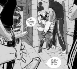 ass black_and_white black_hair carl_(artist) cum cum_in_pussy dripping_cum erect_penis gangrape high_heels legs masked_men panties_down penises rape running_a_train slim_female