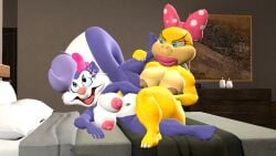 2girls 3d 3d_(artwork) anthro anthro_on_anthro bed bedroom blue_eyes bow bow_on_head breasts crossover detrun duo eyelashes female female/female female_only fifi_la_fume furry furry_female furry_only hand_on_leg indoors interspecies koopa koopaling lipstick looking_at_another lying_on_side mammal mario_(series) mature mature_female mephitid nintendo nipples open_mouth pink_bow pink_lipstick pink_nipples purple_fur pussy_on_pussy reptile scalie sex skunk tail tiny_toon_adventures warner_brothers wendy_o._koopa yellow_skin yuri