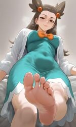 1girl 1girls ai_generated bare_feet bare_legs bare_thighs barefoot belly_visible_through_the_front blue_dress brown_eyes brown_hair curvy curvy_figure feet foot foot_fetish foot_focus foot_play jasmine_(pokemon) looking_at_viewer looking_down looking_down_at_viewer medium_breasts milf orange_bowtie orange_hair_ornament perky_breasts pokemon pokemon_gsc pokemon_hgss pov sole_female soles soles_feet soles_fetish soles_focus soles_up solo solo_female solo_focus teal_dress toes white_cardigan