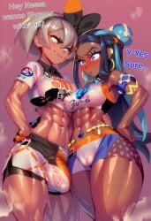1futa 1girls abs ai_generated bea_(pokemon) big_breasts big_bulge black_hair blue_eyes blush bulge color dark-skinned_female dark_skin female fit_female futa_on_female futanari game_freak gigiti grey_eyes grey_hair gym_leader hi_res large_breasts light_skin long_hair looking_at_another muscular muscular_futa muscular_thighs nessa_(pokemon) nintendo pokemon pokemon_ss pokemon_trainer short_hair smug smug_face thick_thighs trogiai
