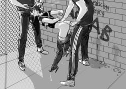 bent_over black_and_white black_hair carl_(artist) forced_oral forced_sex gun gunpoint hands_behind_back high_heels public_sex rape slim_female spitroast tied_hands