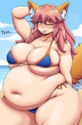 :o bbw bikini cameltoe chocofl4n chocoflan chubby curvy fat fat_female fate/grand_order fate_(series) huge_belly huge_breasts one_eye_closed sitting tamamo_no_mae_(fate) thick_thighs voluptuous wide_hips