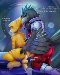 2boys after_sex animal_genitalia bird caust cum_in_ass cum_leaking dialogue gaping_anus green_eyes leaking leaking_cum lombax male male_only ratchet_(ratchet_and_clank) ratchet_and_clank stripes submissive_male tobbywolf yellow_fur