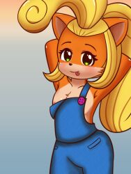 activision areolae bandicoot breasts clothing coco_bandicoot crash_(series) female hands_behind_head hi_res koufun mammal marsupial naked_overalls nipples overalls panties small_breasts solo topless video_games