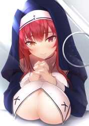 1girls 2021 big_breasts blush breasts cleavage clothed clothed_female covered_nipples eyebrows eyelashes female female_focus female_only habit hololive hololive_fantasy hololive_japan houshou_marine interlocked_fingers looking_at_viewer nun nun_outfit own_hands_together red_eye red_hair saxasa_kisuk simple_background smile solo solo_female sunlight upper_body virtual_youtuber yellow_eye