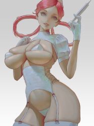 1girls 2022 alternate_breast_size bikini blue_eyes breasts female female_only garter_belt garter_straps gloves hair_loopies hips holding_object huge_breasts ignitesart long_hair looking_at_viewer micro_bikini nintendo nurse nurse_cap nurse_joy nurse_joy_(unova) nurse_outfit pale-skinned_female pale_skin pink_hair pokemon simple_background slim_waist syringe thick_thighs thighhighs thighs white_bikini wide_hips