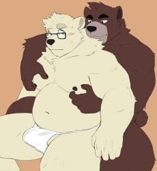 2022 absurd_res anthro black_nose blush brown_body bulge duo embrace eyewear glasses hi_res hug hugging_from_behind humanoid_hands kemono male male/male mammal merfiller moobs nipples overweight overweight_male polar_bear simple_background sitting ursid ursine white_body