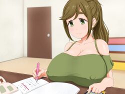 1girls absurd_res blush carrot_caramel_batake female green_eyes green_hair huge_areolae huge_breasts insect inuyama_aoi kyarotto_kyarameru_hata large_nipples nipples phone tank_top yurucamp