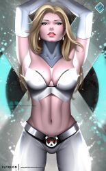 blonde_hair blue_eyes breasts curvy emma_frost evandromenezes female female_only hands_behind_head huge_breasts looking_at_viewer looking_down marvel marvel_comics white_queen