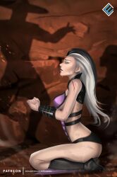 1girls 1male 2d artist_signature black_hair evandromenezes female kneeling kung_lao mortal_kombat mortal_kombat_(2011) offscreen_male patreon_username prehensile_hair side_view sindel two_tone_hair watermark white_eyes white_hair wounded