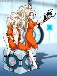 2girls android annapuma blonde_hair breasts casual cat_girl chell clothing companion_cube cosplay crossover curvaceous dominion_tank_police duo female human large_breasts light-skinned_female light_skin long_hair multiple_girls nipples palcomix pale_skin portal_(series) portal_gun sisters suit twins unipuma weapon