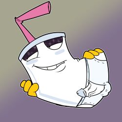 1:1 absurd_res adult_swim animate_inanimate aqua_teen_hunger_force balls bedroom_eyes cartoon_network container cup erection genitals hellfurred hi_res lying male master_shake narrowed_eyes non-human on_side penis seductive simple_background straw what white_body yellow_hands