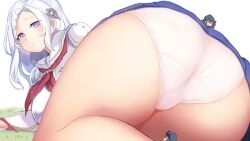 1girls ass big_ass bubble_butt butt character_request giantess hair_ornament long_hair looking_at_viewer looking_back panties purple_eyes size_difference skirt source_request tagme thick_thighs thighs utopia white_hair white_panties