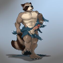 aggrobadger anthro balls boner cum erection furry gay guardians_of_the_galaxy male male_only marvel penis precum raccoon ripped_clothing rocket_raccoon solo solo_male