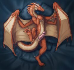 bed chivaran dragon feral furniture genitals hi_res male nude orange_body orange_scales paws penis scales solo wings