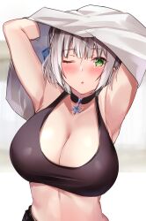 1girls 2022 ;o absurdres akazawa_kureha armpits arms_up blush breasts cleavage female female_focus female_only green_eyes grey_eyes highres hololive hololive_fantasy hololive_japan large_breasts looking_at_viewer one_eye_closed open_mouth shirogane_noel short_hair snowflake_choker solo solo_female sports_bra undressing upper_body virtual_youtuber