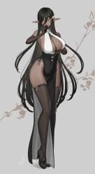 1girls 2021 bare_shoulders black_gloves black_hair blush breasts china_dress chinese_clothes cleavage cleavage_cutout dark-skinned_female dark_elf dark_elven_girl_(hayabusa) dark_skin dress elbow_gloves elf elf_ears elf_female eyebrows_visible_through_hair eyes_visible_through_hair female female_focus female_only gloves grey_background hair_between_eyes hair_ornament halterneck hand_on_chin hands_behind_head hayabusa highres inner_sideboob jewelry large_breasts long_hair looking_at_viewer mole mole_on_breast orange_eyes original pelvic_curtain plant pointy_ears sideboob simple_background skindentation solo solo_female solo_focus standing thick_thighs thighhighs thighs very_long_hair wide_hips