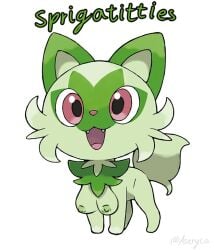 astryca breasts busty_feral feral furry green_hair open_mouth pokemon pokemon_sv red_eyes sprigatito