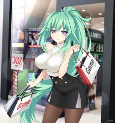 1girls alternate_costume blurry_background goddess green_hair green_heart large_breasts long_hair mega_man neptunia_(series) pantyhose power_symbol power_symbol-shaped_pupils shopping_bag skirt tagme vert zero_(mega_man)