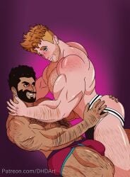 2boys ass ass_grab beard beefy body_hair bulge butt cabaret_bara_series dhd_art embrace facial_hair finn_(cabaret_bara) fit gay ginger hairy hairy_male human jockstrap male male/male male_only melanin muscles muscular muscular_male nikolaos_(cabaret_bara) penis_bulge red_hair scruffy_beard underwear