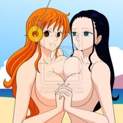 2girls beach black_hair blank_eyes breast_press breasts coin empty_eyes female female_only holding_hands hypnosis hypnotized jimryu long_hair mind_control multiple_girls nami nami_(one_piece) nico_robin one_piece orange_hair outdoors outside pendulum post-timeskip symmetrical_docking topless yuri