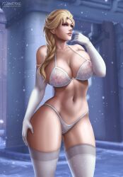 1girls alternative_body_build artist_logo big_breasts blonde_hair blue_eyes bra breasts cleavage clothing curly_hair curvy disney elbow elsa_(frozen) female female_only flowerxl frozen_(film) gloves hair huge_breasts inside lingerie long long_hair nipples panties pink_lipstick pink_nipples princess purple_eyebrows snowing solo thick thighhighs thighs white_bra white_panties white_socks