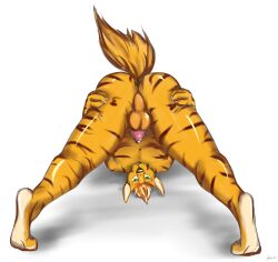 absurd_res arcwolfdragon ass ass_up balls butt_grab claws felid feline flaccid fur genitals green_eyes hand_on_butt handpaw hi_res looking_at_viewer mammal markings orange_body orange_fur pantherine paws penis spread_legs spreading striped_markings stripes tail tiger