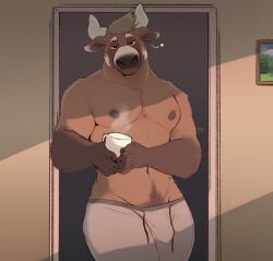 5_fingers ailurid anthro bedroom_eyes beverage blonde_hair bovid bovine brown_body brown_fur bulge cattle coffee doorway fingers fur genital_outline hair heart hi_res horn hybrid leaning_on_doorway light light_beam looking_at_viewer male mammal minedoo minedoo_(character) muscular muscular_male narrowed_eyes navel nipples patterned_fur penis_outline red_panda seductive shirtless signature solo sunbeam sunlight sweatpants white_body white_fur