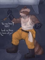 anthro balls boner bulge erection erection_under_clothes fanofthefurr furry gay guardians_of_the_galaxy male male_only marvel muscular muscular_arms muscular_legs muscular_male muscular_pecs penis raccoon rocket_raccoon solo solo_male