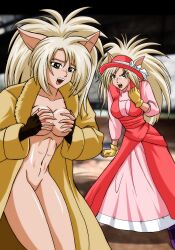 2girls android annapuma blonde_hair breasts cat_girl coat curvaceous dominion_tank_police dress female hat large_breasts light-skinned_female light_skin long_hair multiple_girls naked_coat nipples palcomix partially_clothed partially_nude pussy sisters thick_thighs twins unipuma wide_hips