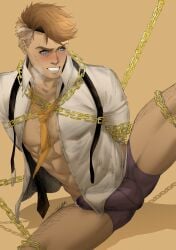 almond_cookie blue_eyes blush body_hair chains cookie_run cum cum_in_clothes cum_through_clothes cum_through_underwear dress_shirt erection erection_under_clothes legs_apart male male_only muscular muscular_male necktie partially_clothed restrained simple_background solo steam unbuttoned_shirt underwear