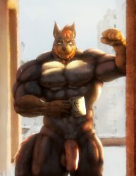 abs anthro balls biceps big_muscles big_penis blue_eyes bullstorm canid canine canis container cup domestic_dog flaccid foreskin genitals looking_at_viewer male mammal muscular muscular_male nipples pecs penis solo