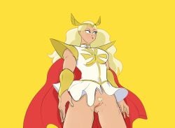 1girls adora armor big_breasts blonde_female blonde_hair blue_eyes blush bottomless bracer cape censored censored_pussy dress female female_focus female_only long_hair looking_away looking_to_the_side muscles muscular muscular_female pauldrons platinum_blonde_hair presenting presenting_pussy pubic_hair pussy red_cape she-ra she-ra_and_the_princesses_of_power simple_background skirt solo solo_female thick_thighs tiara vlado white_dress white_skirt yellow_background