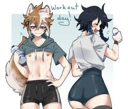 2boys animal_ears ass bike_shorts dimansfw femboy fox_ears fox_tail genshin_impact girly gorou_(genshin_impact) male_only sweat sweaty tail text trap twintails venti_(genshin_impact)