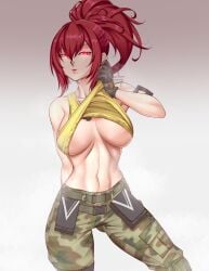 1girls alternate_version_available arm_strap bare_midriff big_breasts black_gloves busty camo_pants cargo_pants cleru_(cleruuuuu) dog_tags female female_only glowing_eyes glowing_red_eyes hourglass_figure king_of_fighters leona_heidern long_hair military military_pants orochi_leona ponytail red_eyes red_hair snk solo sweaty sweaty_breasts tagme tank_top tank_top_lift toned_female underboob wide_hips yellow_tank_top