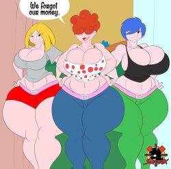 2016 3girls big_breasts blonde_female blonde_hair blue_hair breasts cartoon_network cleavage clothing curvaceous curvy ed_edd_n_eddy english_text eyes_covered female_focus female_only hair_over_eyes hair_over_one_eye hands_on_hips hips hourglass_figure huge_breasts human human_female kanker_sisters large_breasts lee_kanker marie_kanker mature_female may_kanker multiple_girls one_eye_covered red_hair sexually_suggestive short_hair shorts siblings sisters standing suggestive superix text thick_thighs thighs voluptuous watermark wide_hips