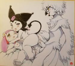 1boy 2girls anthro avian cum_in_pussy kolache_owl_(character) kuromi lagomorph my_melody onegai_my_melody sandwiched sanrio small_breasts snowy_owl