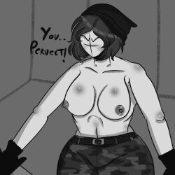 angry black_gloves black_hair black_hat breasts female gloves grey_skin grunt_(madness_combat) katana madness_combat military_pants reych_nsfw short_hair