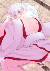 1boy after_anal after_fellatio after_sex albino bishonen blue_eyes clothed clothed_sex clothing femboy feminine_male gay girly jujutsu_kaisen leaking_cum looking_at_viewer lying_on_back male male_only male_penetrated male_penetrating morainaki satoru_gojo submissive submissive_male tears white_hair yaoi