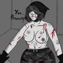 angry black_gloves black_hair black_hat blood breasts female gloves grey_skin grunt_(madness_combat) katana madness_combat military_pants original_character reych_nsfw short_hair