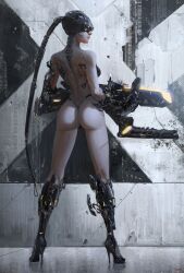 armor artist_name ass back bare_shoulders black_panties boots breasts butt cyborg dat_ass energy_gun etama_quomo eyewear_on_head female from_behind full_body greaves gun high_heel_boots high_heels highleg highleg_panties legs_apart looking_away mechabare mechanical_parts mechanical_spine medium_breasts original panties petite photoshop_(medium) ponytail shoulder_blades solo standing thong underwear visor weapon