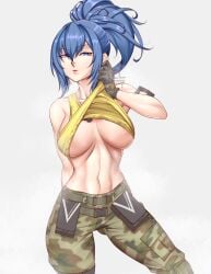 1girls alternate_version_available busty cleru_(cleruuuuu) female female_only hourglass_figure king_of_fighters leona_heidern long_hair ponytail snk solo tagme tank_top tank_top_lift underboob wide_hips