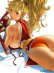 1girls ass ass_focus blonde_hair breasts brown_eyes capcom_vs_snk_2 cowboy_shot curvy dat_ass dual_wielding etama_quomo female final_fight fingerless_gloves from_behind from_side gloves holding lips long_hair looking_at_viewer looking_back lying maki_genryusai medium_breasts ninja on_stomach orange_panties panties parted_lips patreon_username petite ponytail red_gloves revealing_clothes sash seductive_eyes seductive_look seductive_smile sideboob simple_background sleeveless smile solo solo_female solo_focus street_fighter the_pose thighs tonfa underwear untied weapon white_background