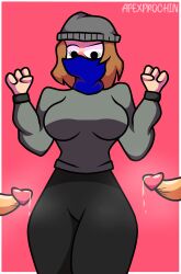black_pants blue_mask hat octaboy semen semen_on_body shocked surprised tagme
