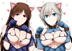 2girls anastasia_(idolmaster) animal_ears bikini blue_eyes breasts brown_eyes brown_hair cat_ears covered_nipples gloves idolmaster idolmaster_cinderella_girls large_breasts long_hair looking_at_viewer love_laika_(idolmaster) micro_bikini multiple_girls nitta_minami paw_pose photoshop_(medium) short_hair silver_hair smile swimsuit uron-rei