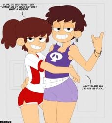 2girls dsmnup female female_focus female_only fully_clothed luna_loud lynn_loud text the_loud_house