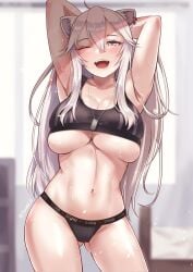 1girls 2022 2d 2d_(artwork) ahoge animal_ears armpits arms_behind_head arms_up ass_visible_through_thighs bangs blurry blurry_background breasts cowboy_shot dog_tags earrings fangs female female_focus female_only grey_eyes hair_between_eyes highres hololive hololive_gen_5 hololive_japan jewelry large_breasts light-skinned_female light_skin lion_ears lion_girl long_hair navel no_pants one_eye_closed open_mouth open_smile pale-skinned_female pale_skin panties shishiro_botan sidelocks skindentation solo solo_female solo_focus sports_bra sportswear stomach sweat tinnies underboob underwear very_long_hair virtual_youtuber white_hair wink