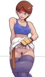 1girls athletic_female blue_sports_bra brown_hair fe fit_female fumphole king_of_fighters no_panties ponytail snk sports_bra thick_thighs tomboy yuri_sakazaki