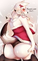 absurd_res amaterasu anthro ass big_breasts big_butt blush breasts canid canine canis capcom clothing deity dialogue english_text female fur hi_res kyuukon looking_at_viewer looking_back mammal okami panties ribbons solo text underwear video_games white_body white_fur wolf yellow_eyes